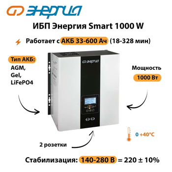 ИБП Энергия Smart 1000W - ИБП и АКБ - Энергия ИБП Smart - . Магазин оборудования для автономного и резервного электропитания Ekosolar.ru в Выборге