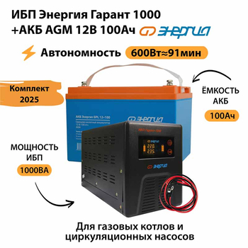 ИБП для котла Энергия Гарант 1000 + Аккумулятор 100 Ач 12 В (600Вт - 91мин) - ИБП и АКБ - ИБП для котлов - . Магазин оборудования для автономного и резервного электропитания Ekosolar.ru в Выборге
