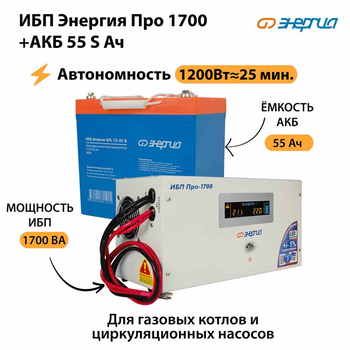 ИБП Энергия Про 1700 + Аккумулятор S 55 Ач - 12В (1200Вт - 25мин) - ИБП и АКБ - ИБП для котлов - . Магазин оборудования для автономного и резервного электропитания Ekosolar.ru в Выборге