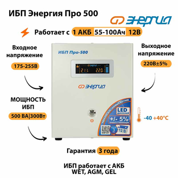 Энергия ИБП Про 500 12В - ИБП и АКБ - ИБП для котлов - . Магазин оборудования для автономного и резервного электропитания Ekosolar.ru в Выборге
