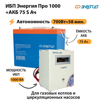 ИБП Энергия Про 1000 + Аккумулятор S 75 Ач - 12В (700Вт - 59мин) - ИБП и АКБ - ИБП для котлов - . Магазин оборудования для автономного и резервного электропитания Ekosolar.ru в Выборге