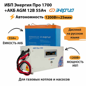 ИБП для котла Энергия Про 1700 + Аккумулятор 55 Ач 12 В (1200Вт - 25мин) - ИБП и АКБ - ИБП для котлов - . Магазин оборудования для автономного и резервного электропитания Ekosolar.ru в Выборге