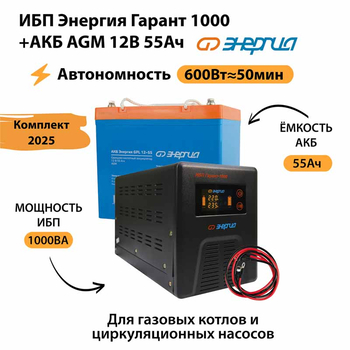 ИБП для котла Энергия Гарант 1000 + Аккумулятор 55 Ач 12 В (600Вт - 50мин) - ИБП и АКБ - ИБП для котлов - . Магазин оборудования для автономного и резервного электропитания Ekosolar.ru в Выборге