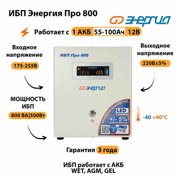 Энергия ИБП Про 800 12В - ИБП и АКБ - ИБП для котлов - . Магазин оборудования для автономного и резервного электропитания Ekosolar.ru в Выборге