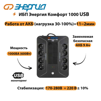 ИБП Комфорт 1000 USB Энергия - ИБП и АКБ - ИБП для компьютера - . Магазин оборудования для автономного и резервного электропитания Ekosolar.ru в Выборге