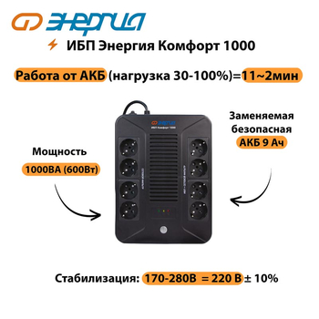 ИБП Комфорт 1000 Энергия - ИБП и АКБ - ИБП для компьютера - . Магазин оборудования для автономного и резервного электропитания Ekosolar.ru в Выборге